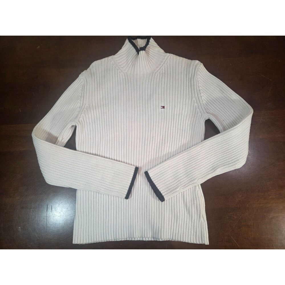 Tommy Hilfiger Mens Quarter Zip Pullover Sweater Ribbed Knit Cream Size M